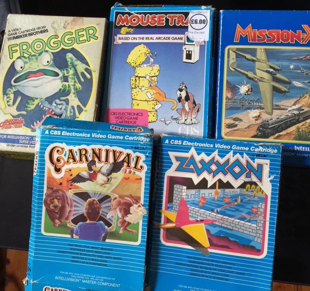 Five boxed CBS Intellivision games: Frogger, Mouse Trap, Mission X, Carnival and Zaxxon