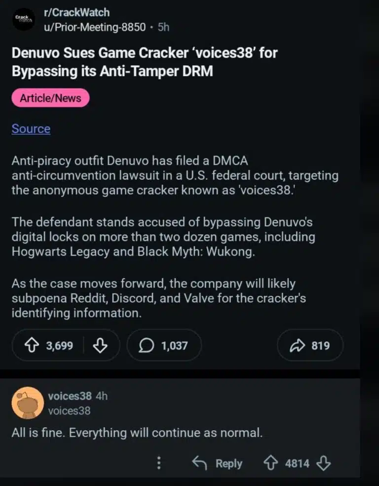 A Reddit post about Denuvo's lawsuit followed by voices38 saying that everything will continue as normal