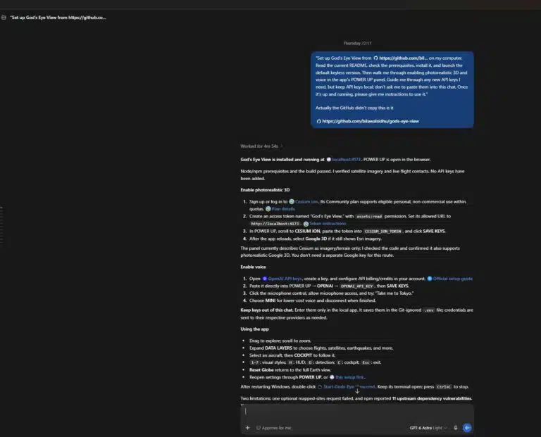 A Codex conversation containing setup instructions for God's Eye View