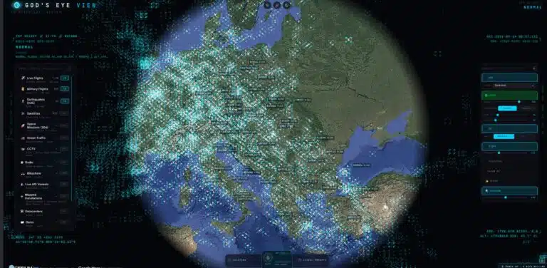 A dense layer of live flights plotted over Europe in God's Eye View