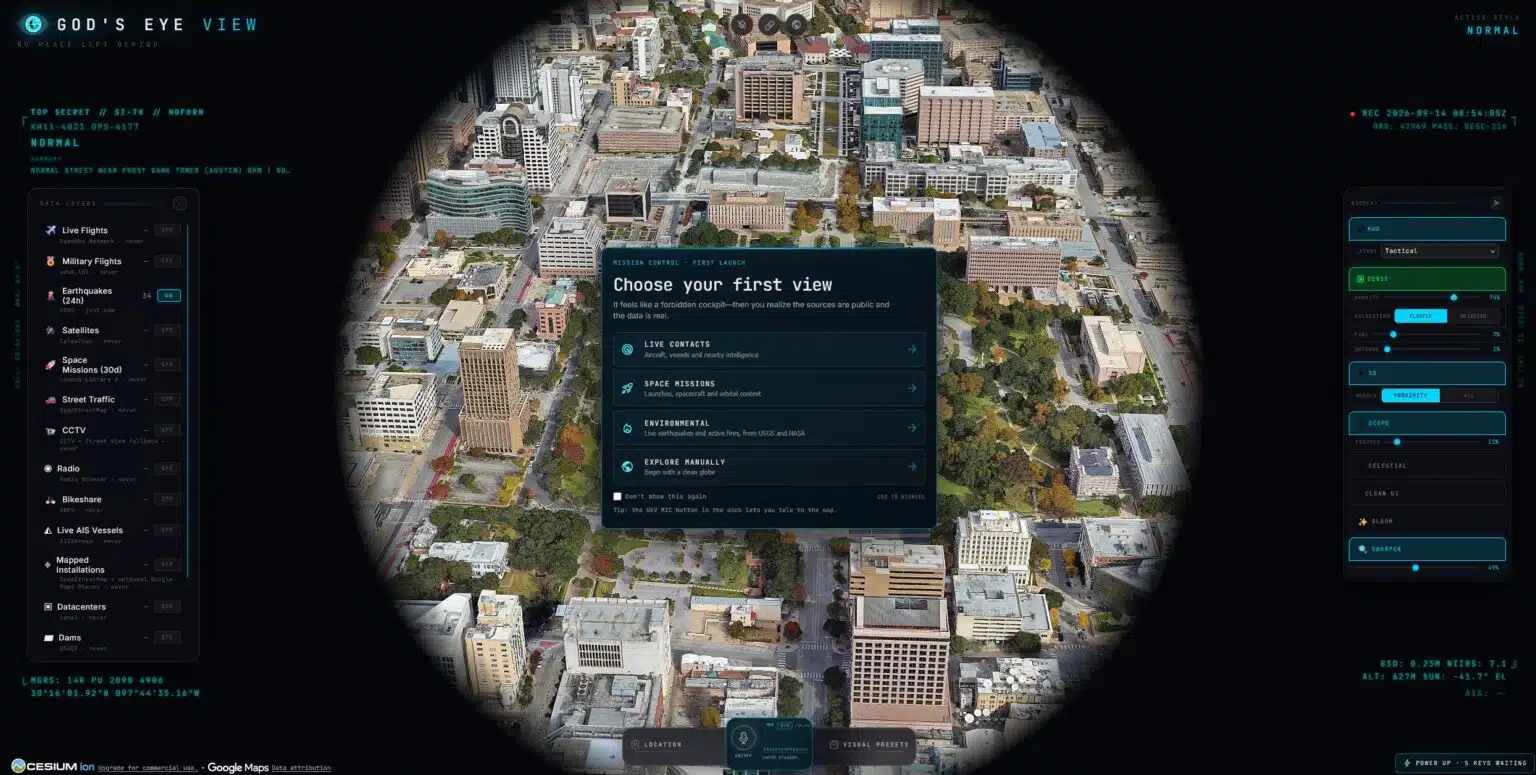 God's Eye View displaying a photorealistic aerial view of a city through its circular surveillance interface