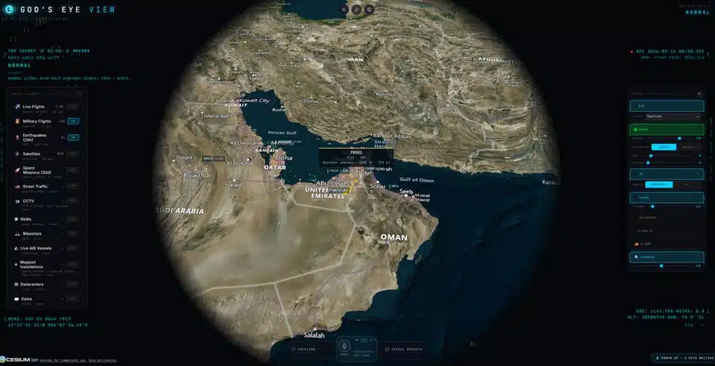 God's Eye View map showing a military flight over the Gulf
