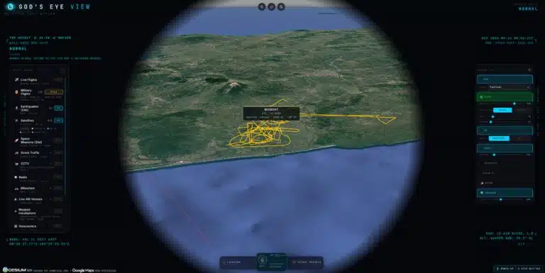 A military aircraft trail plotted over a coastline in God's Eye View
