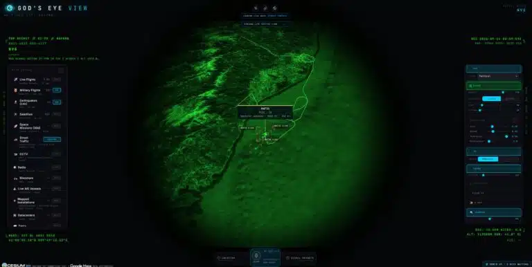 God's Eye View showing a military flight in green night-vision mode