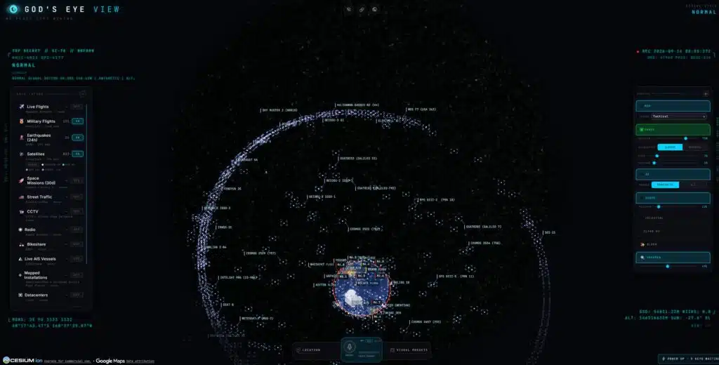 Real-time satellite positions plotted around Earth in God's Eye View