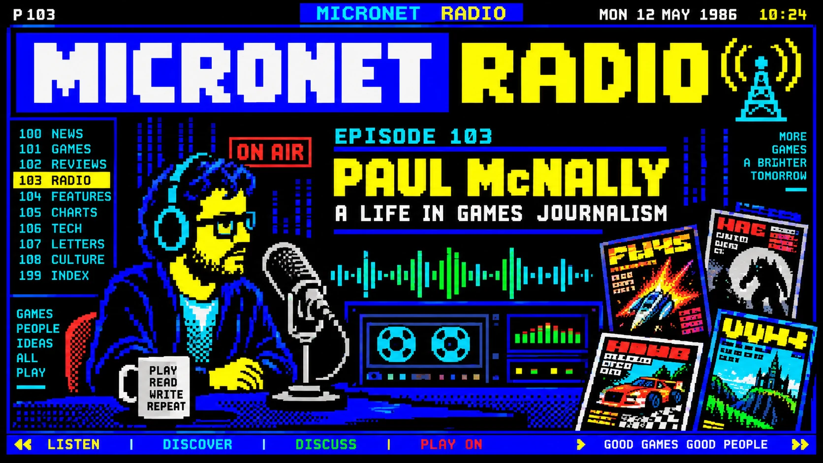 Pixel-art Micronet Radio page for Paul McNally's life in games journalism interview