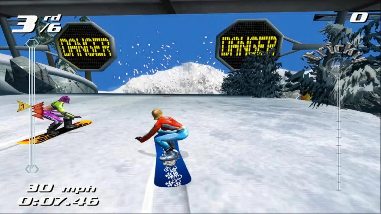 Two snowboarders racing through a snowy SSX Tricky course