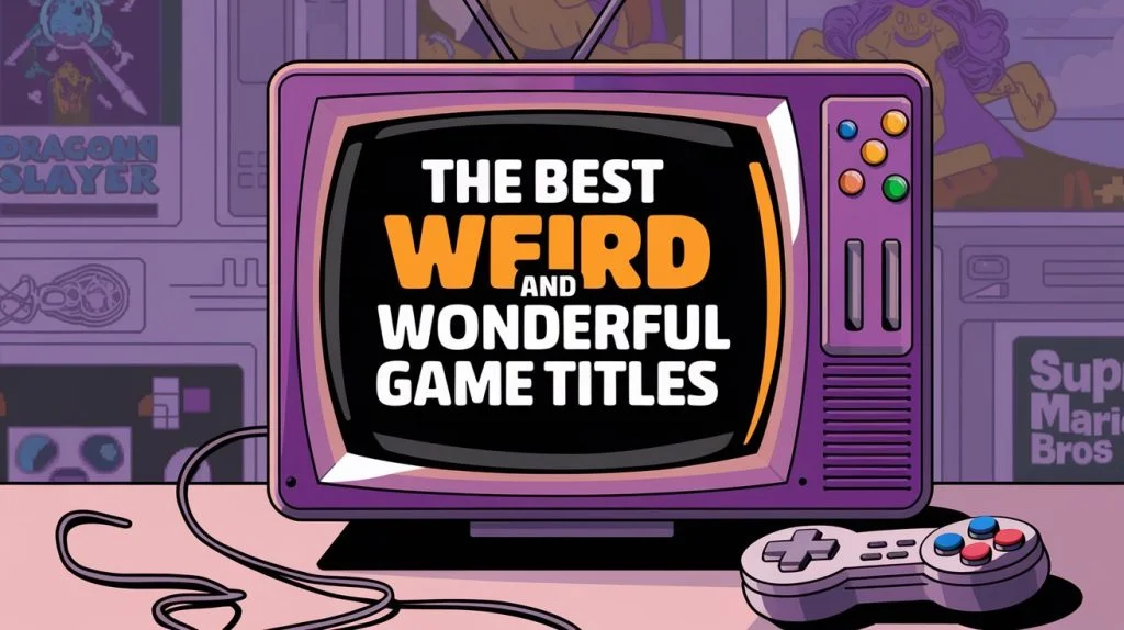 Illustrated purple CRT television displaying the words The Best Weird and Wonderful Game Titles