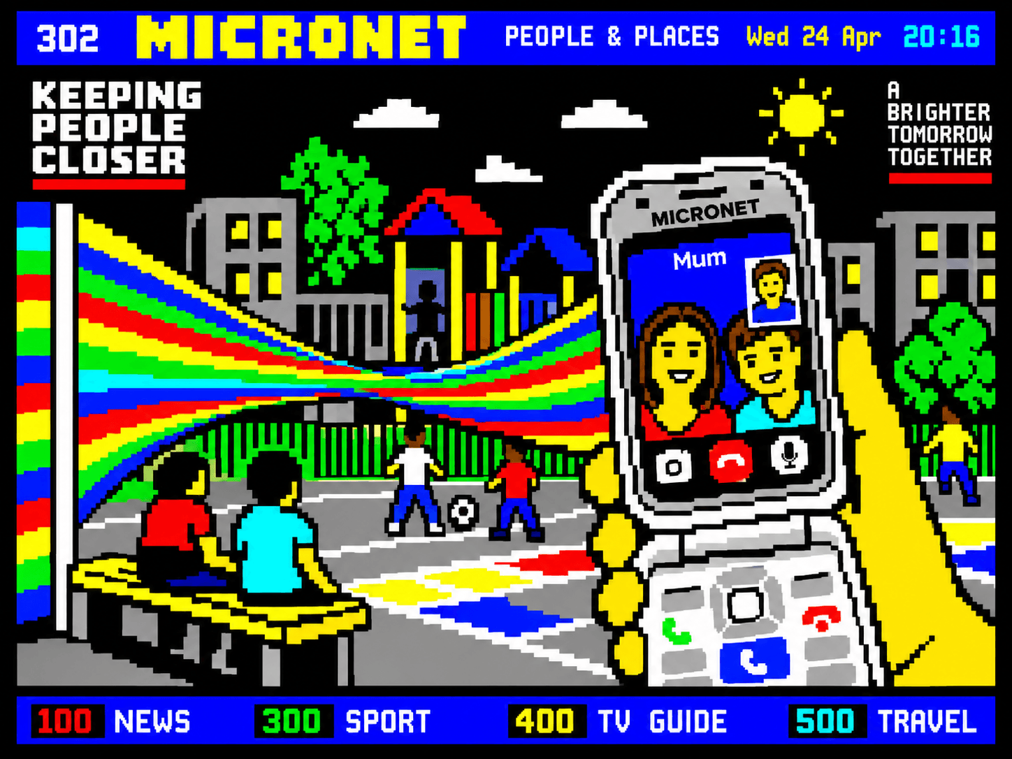 Micronet-style pixel art of families connecting with a Commodore Callback flip phone