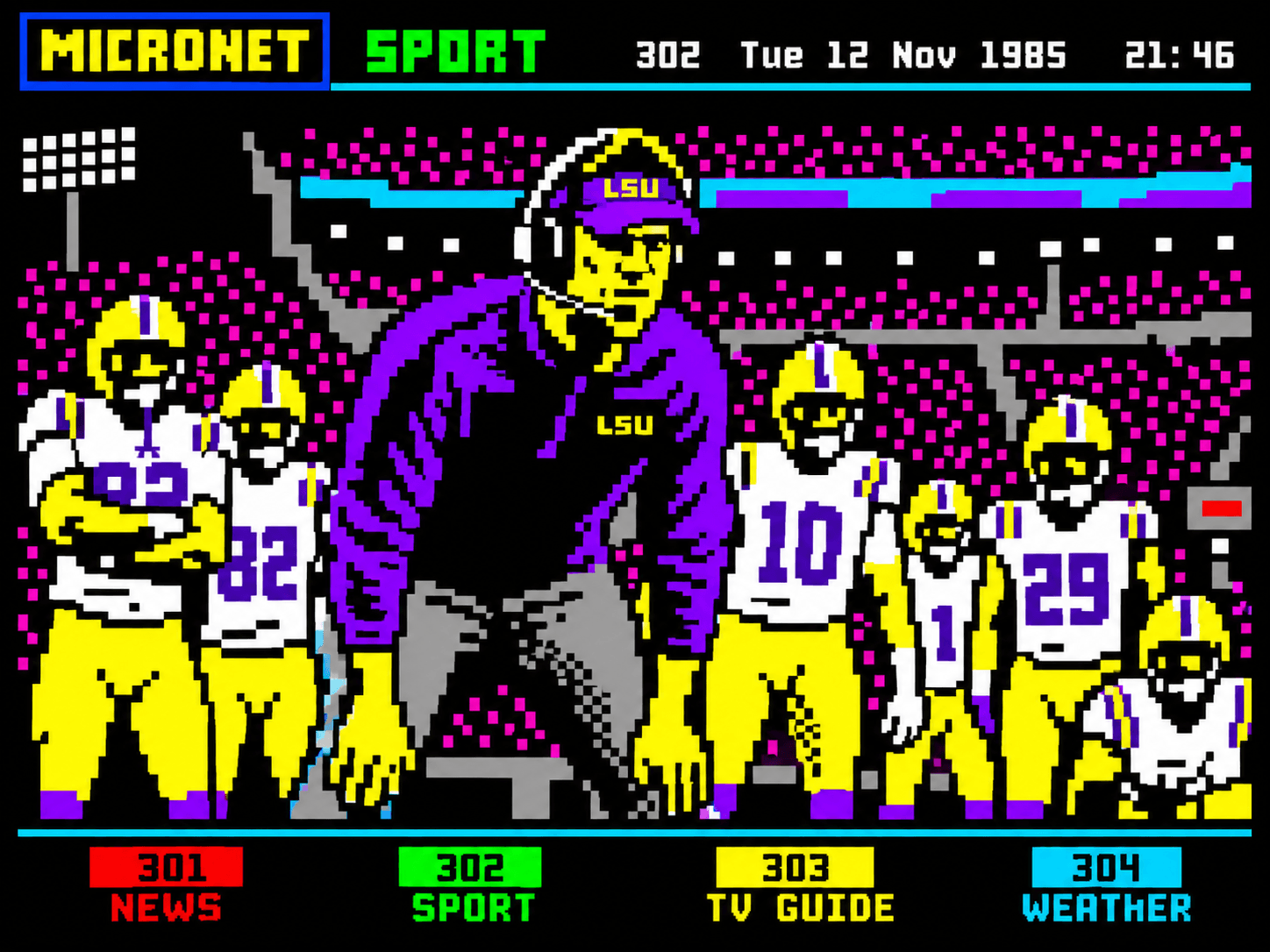 Pixel-art Micronet Sport page showing an LSU coach and college football players