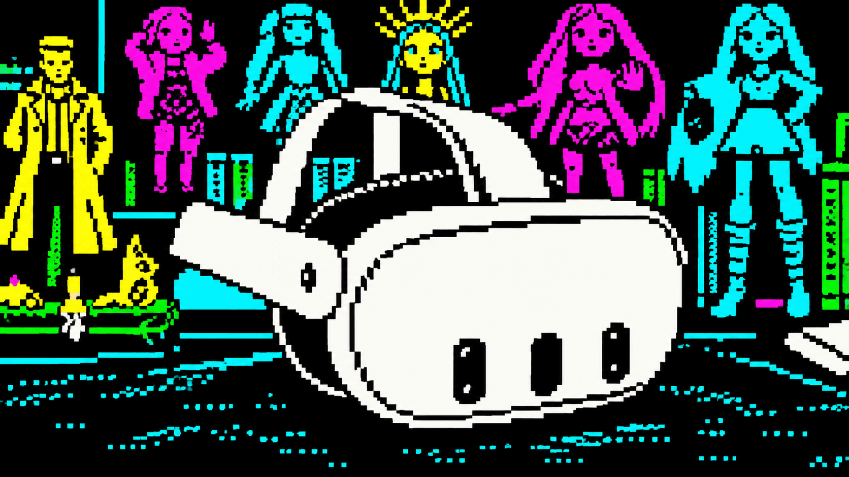 Pixel-art Micronet scene showing a Meta Quest headset surrounded by virtual characters