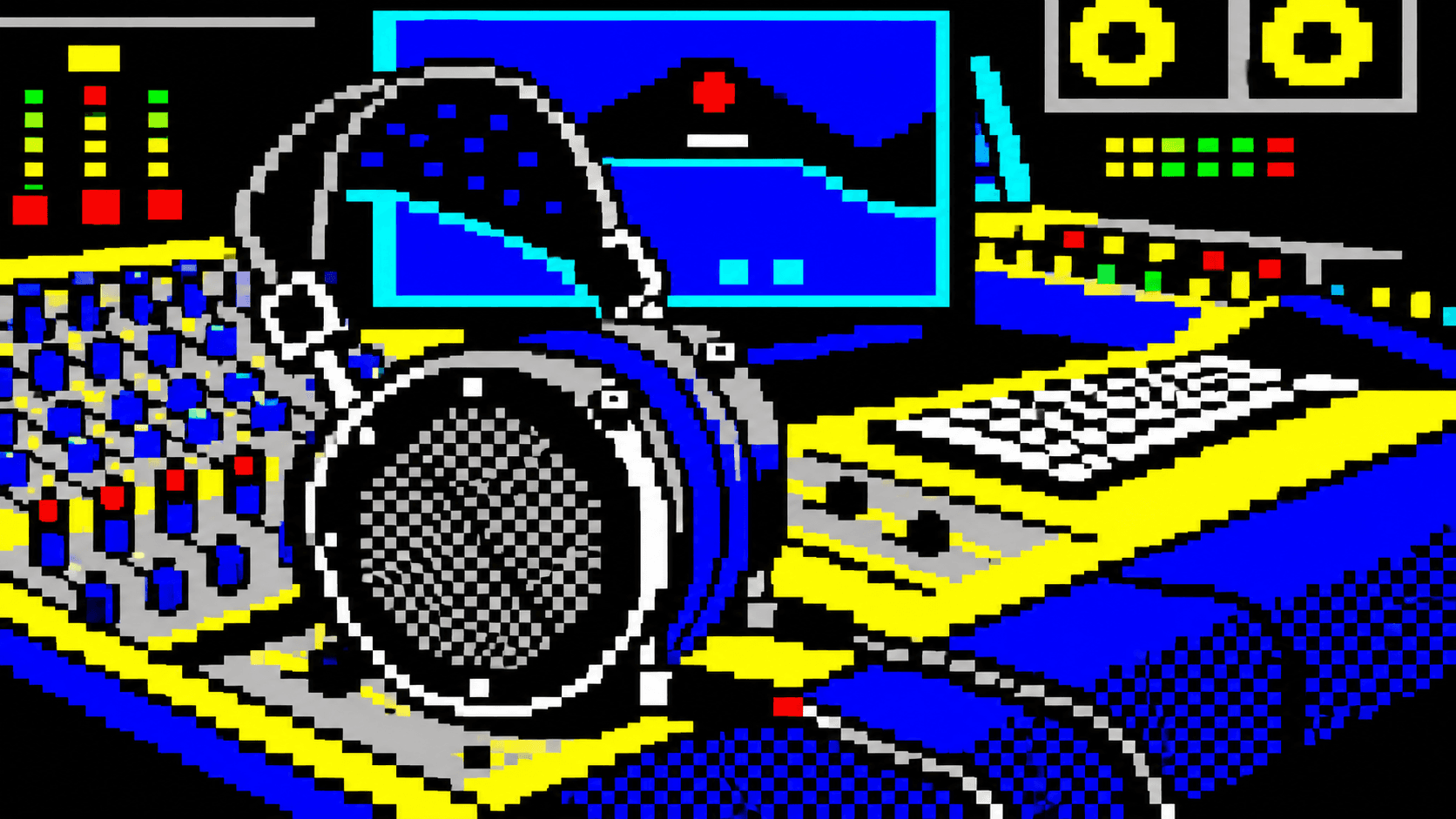 Teletext pixel artwork of headphones on a studio mixing desk