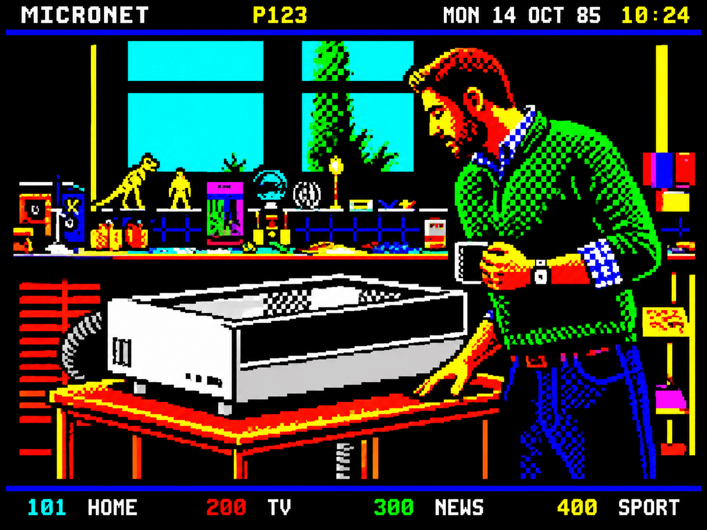 Pixel-art Micronet page showing a maker using the Bambu Lab R1 laser cutter