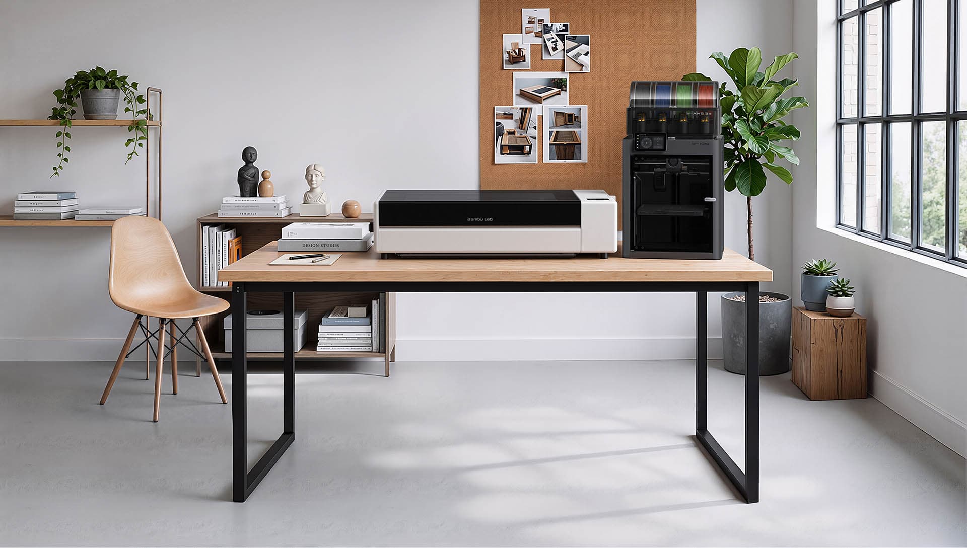 Bambu Lab R1 laser cutter and H2D 3D printer in a home workshop