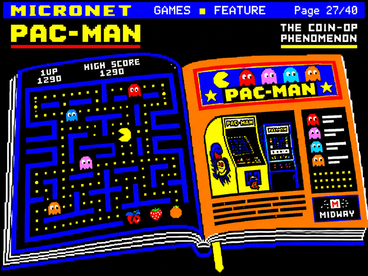 Micronet pixel artwork of an open arcade book featuring Pac-Man