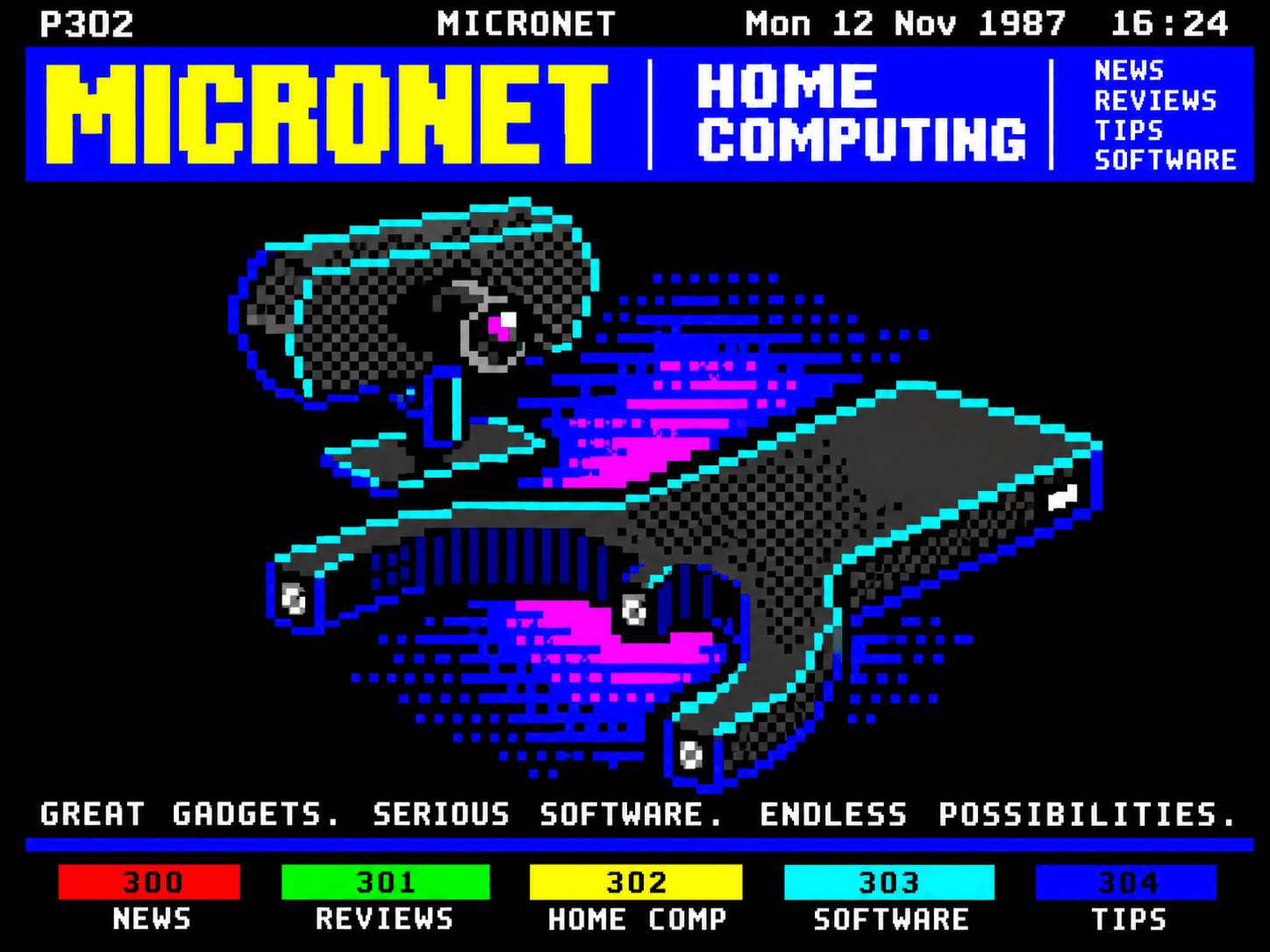 Pixel-art Micronet Home Computing page showing a head-tracking camera and wireless emitter