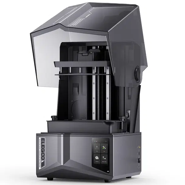 Elegoo Saturn 4 Ultra resin printer with its hood tilted open