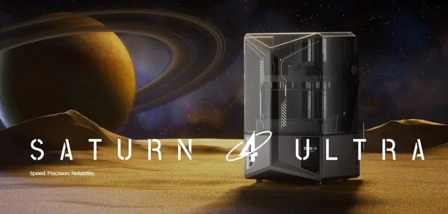 Elegoo Saturn 4 Ultra resin printer in front of a stylised Saturn landscape