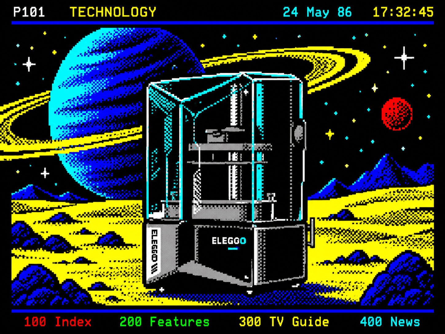 Teletext artwork of an Elegoo resin printer on an alien planet beneath Saturn