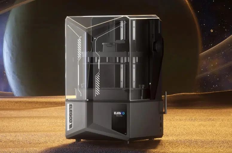 Elegoo Saturn 4 Ultra resin printer against a stylised Saturn backdrop