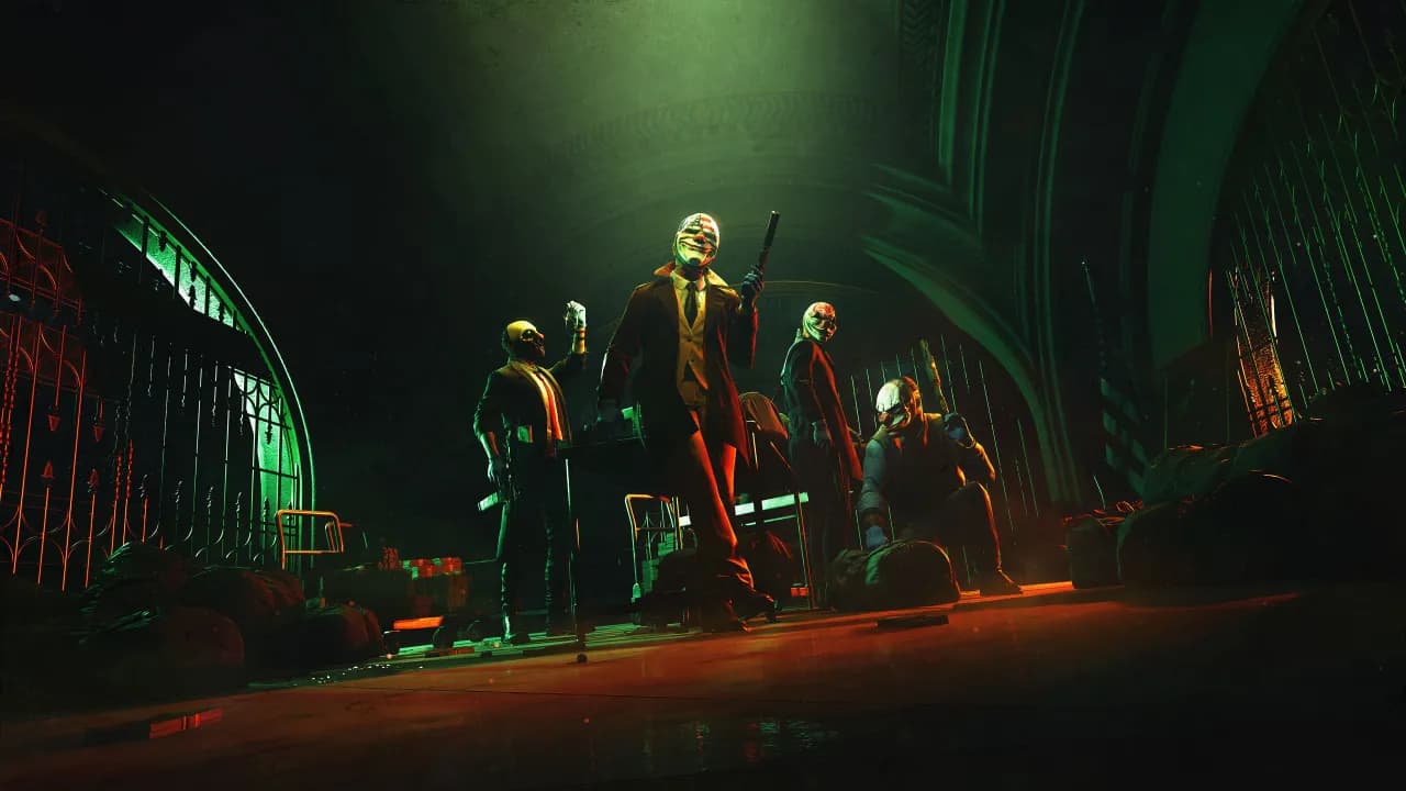 The four masked heisters from Payday 3 standing inside a dark vault