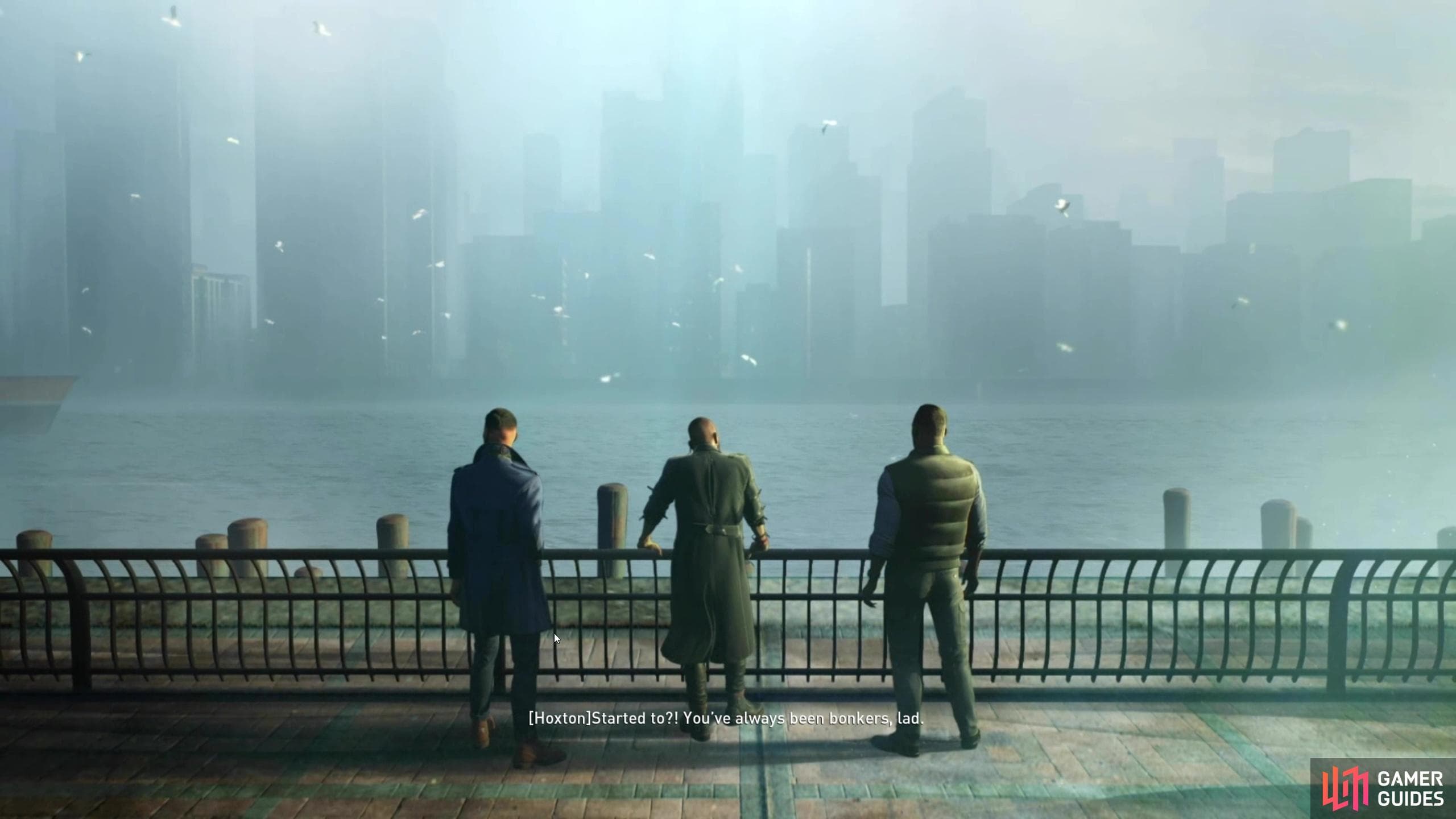 A Payday 3 story cutscene overlooking a misty city skyline