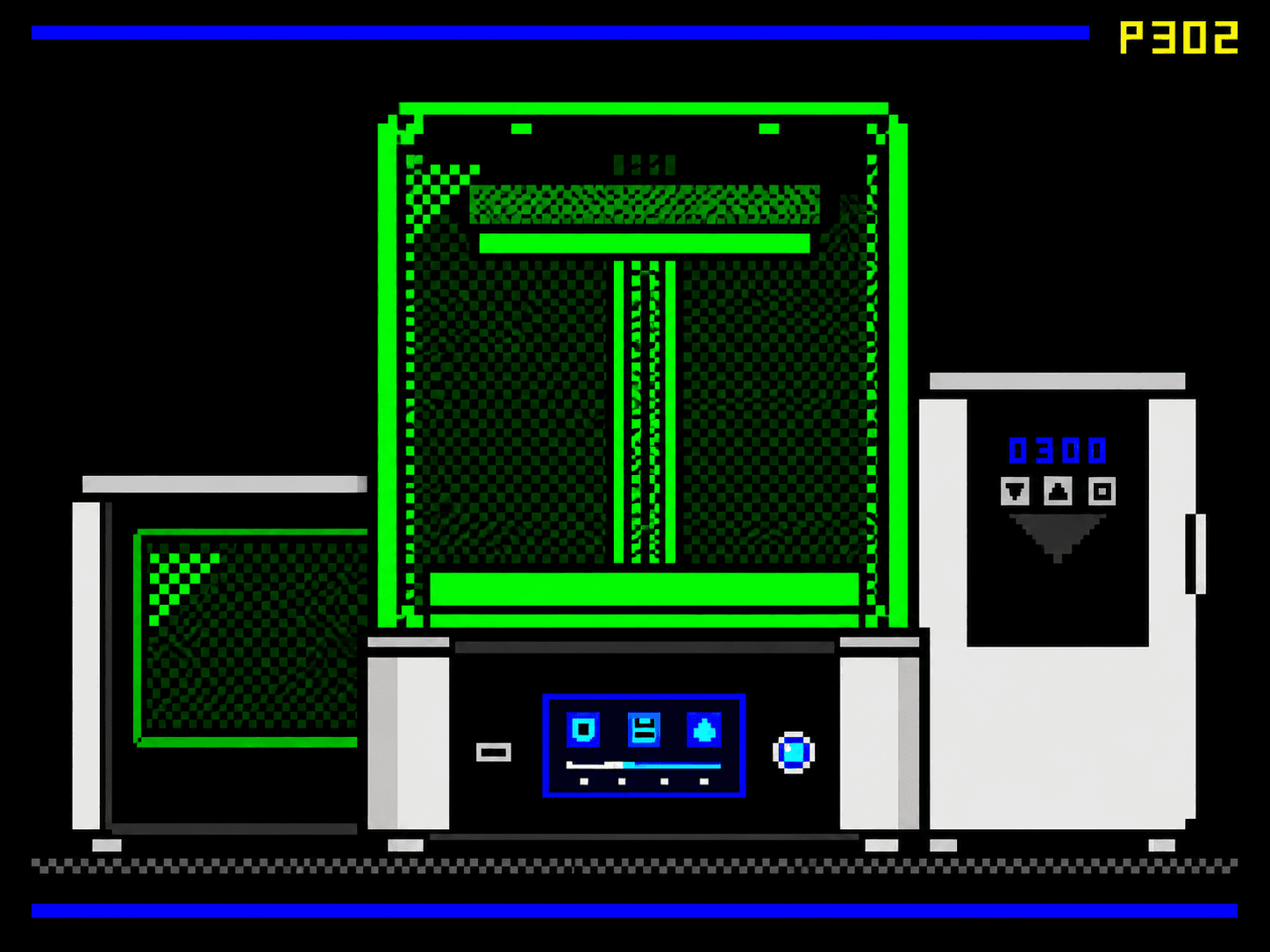 Teletext artwork of a green resin printer with washing and curing stations