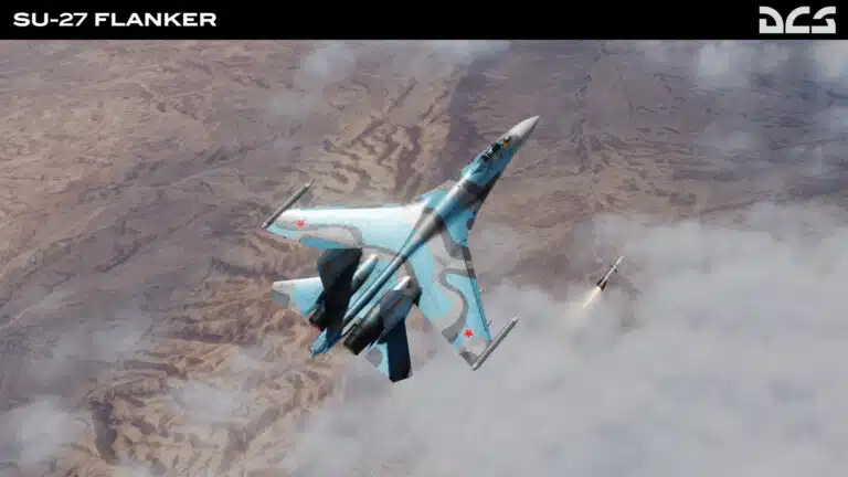 An Su-27 Flanker banking above a desert landscape in DCS World