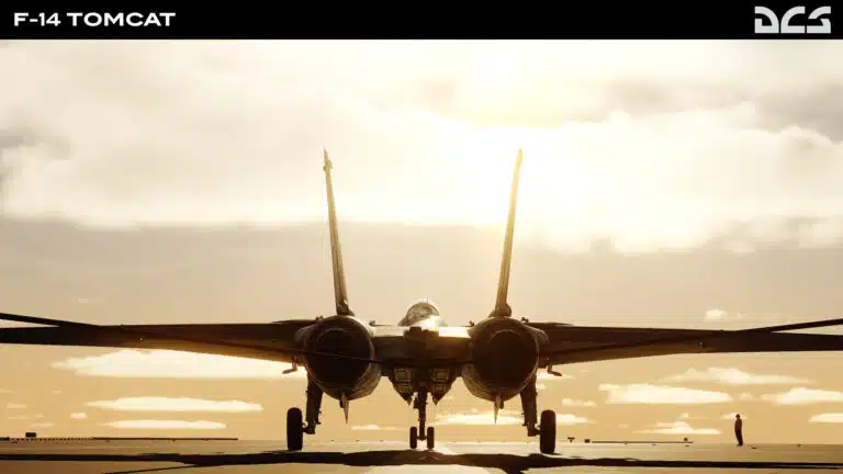 An F-14 Tomcat on the deck of an aircraft carrier in DCS World