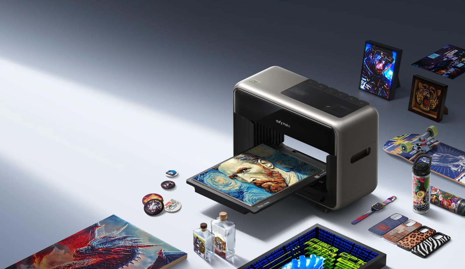 EufyMake E1 UV printer producing a colourful art print