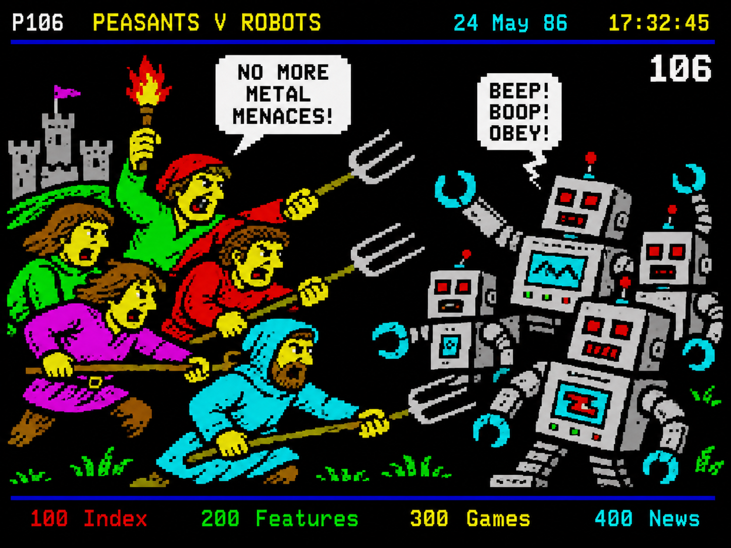 Teletext-style pixel art showing peasants with pitchforks confronting a group of robots under the headline Peasants v Robots.