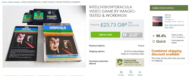 Online listing for a boxed Intellivision Dracula game priced at £23.73