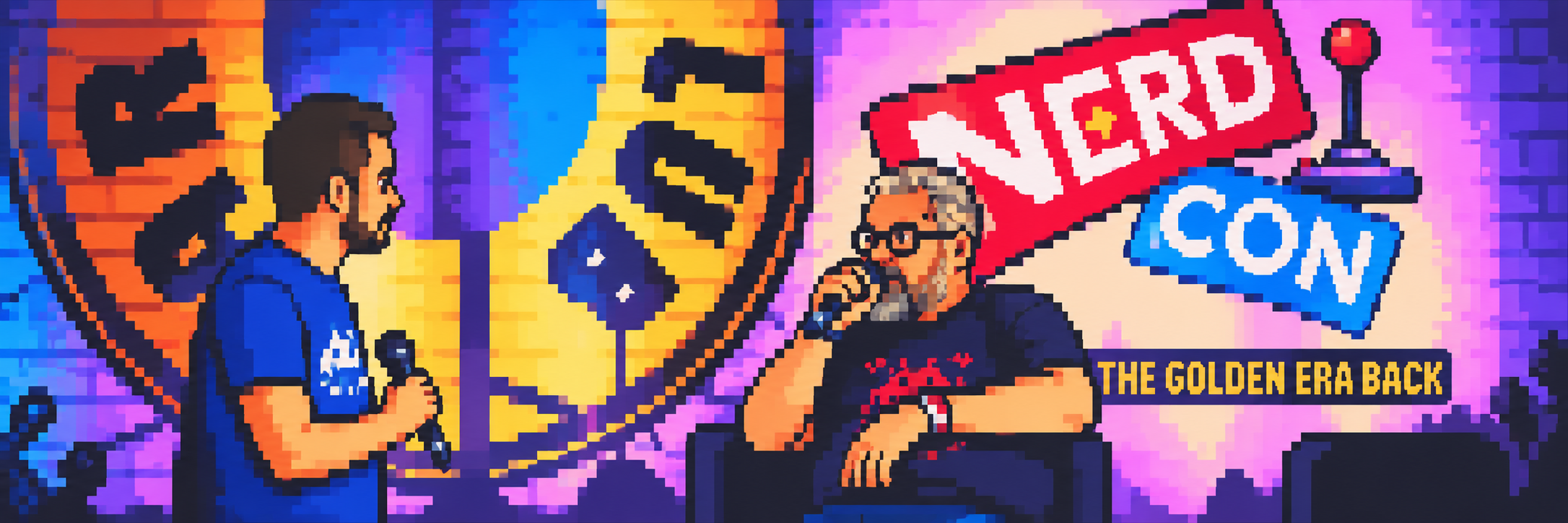 Pixel-art scene of Paul McNally speaking during an onstage interview at NerdCon