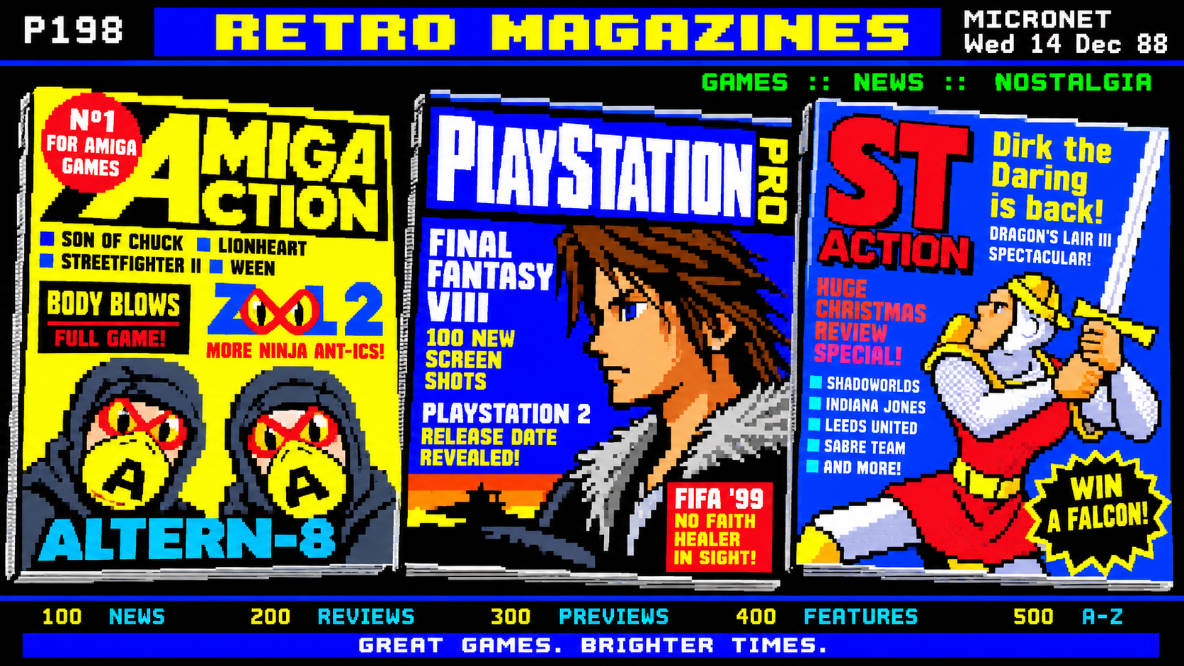 Pixel-art covers inspired by Amiga Action, PlayStation Pro and ST Action magazines