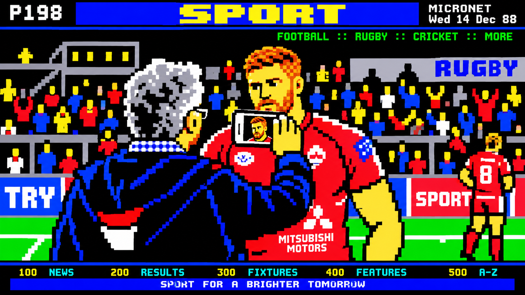 Pixel-art scene of a pitchside rugby interview at a stadium