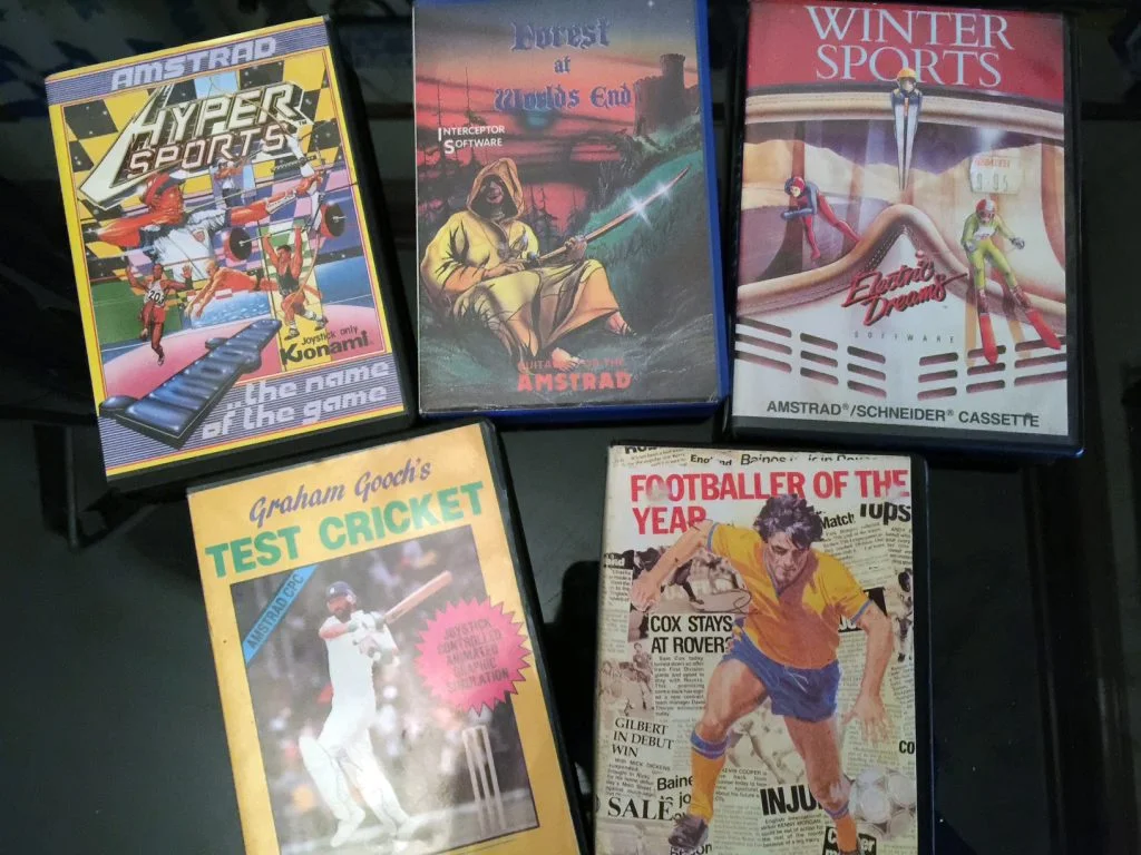 Five boxed Amstrad CPC cassette games from the 1980s