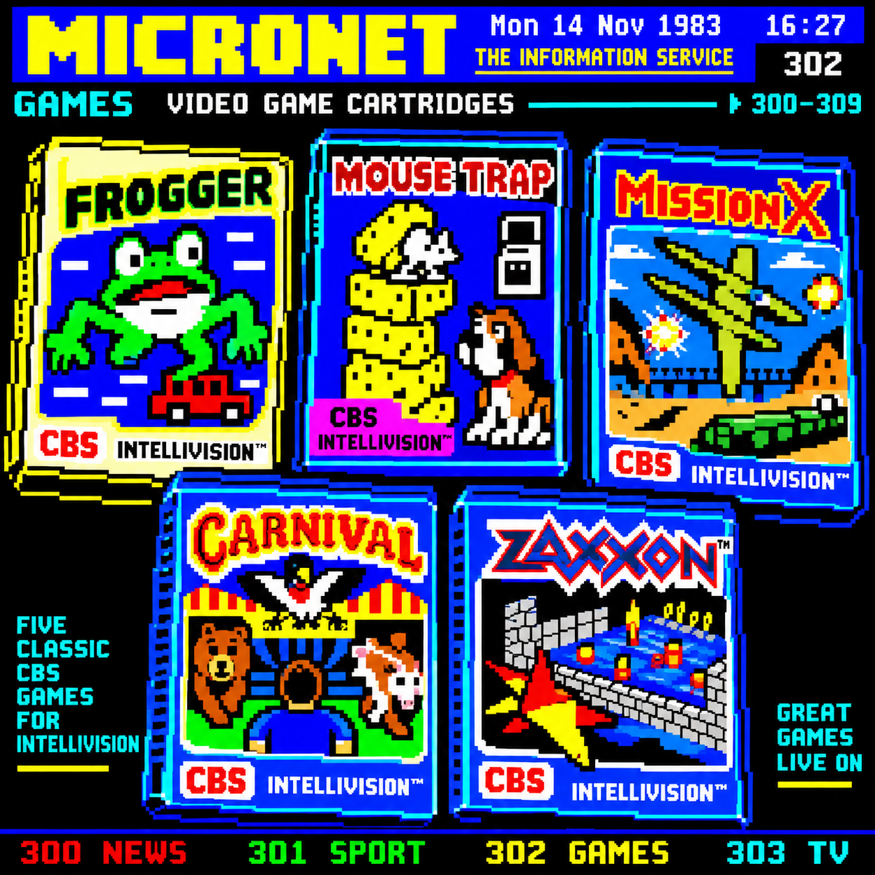 Pixel-art Micronet games page featuring five classic CBS Intellivision cartridge boxes