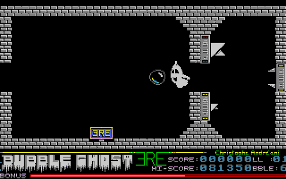 Bubble Ghost gameplay showing the ghost guiding a bubble through a room