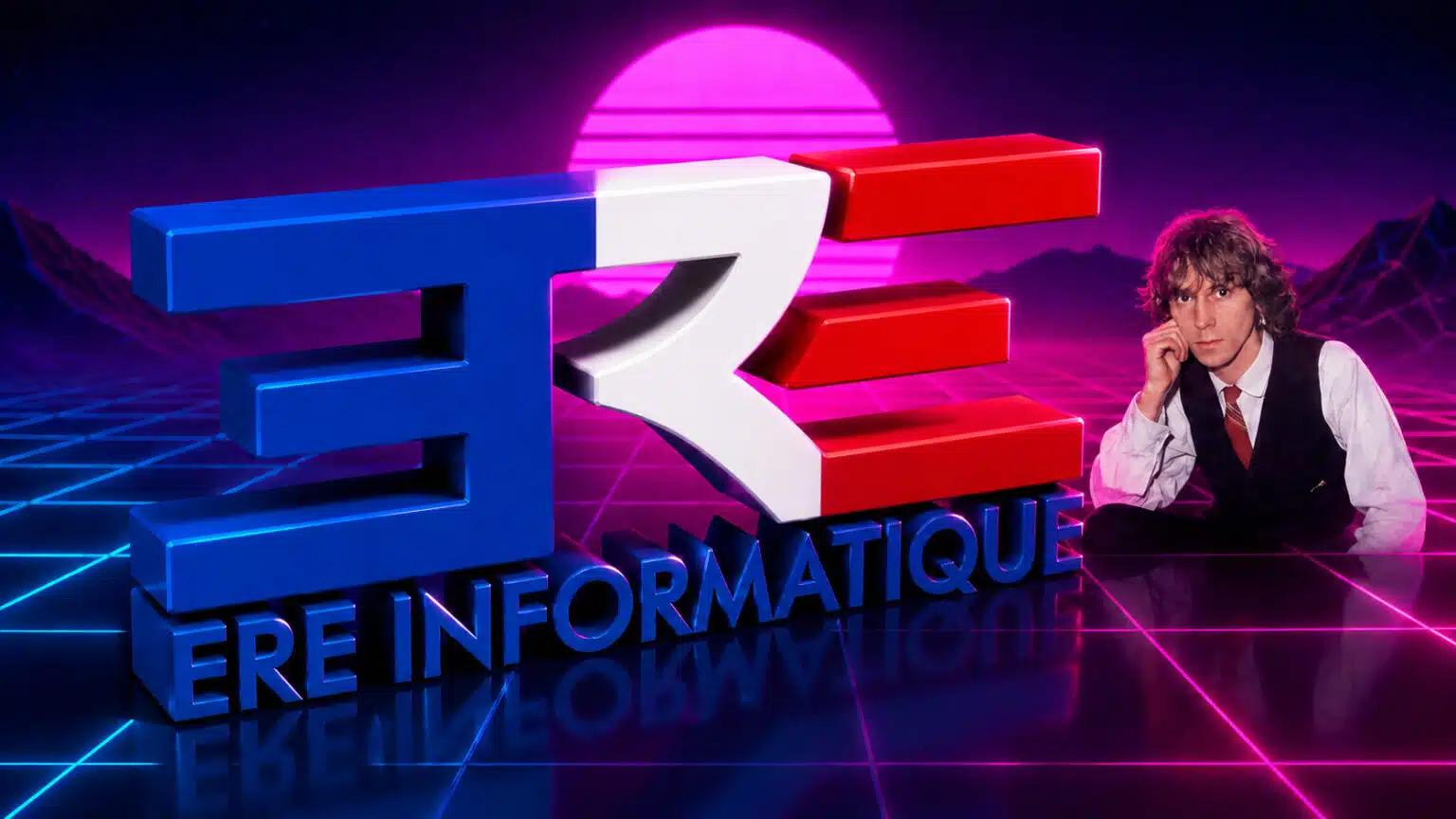 A neon 3D Ére Informatique logo beside Philippe Ulrich against a French tricolour sunset
