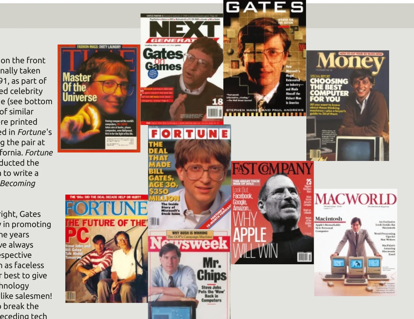 Magazine covers featuring Bill Gates and Steve Jobs