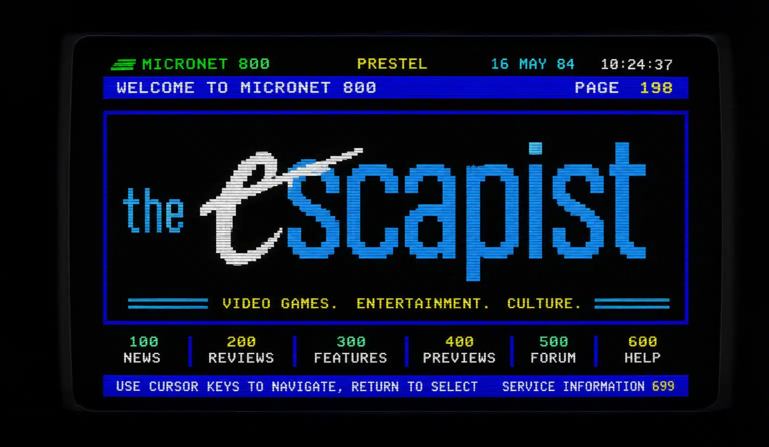 A retro Micronet 800 screen displayed on a curved CRT television