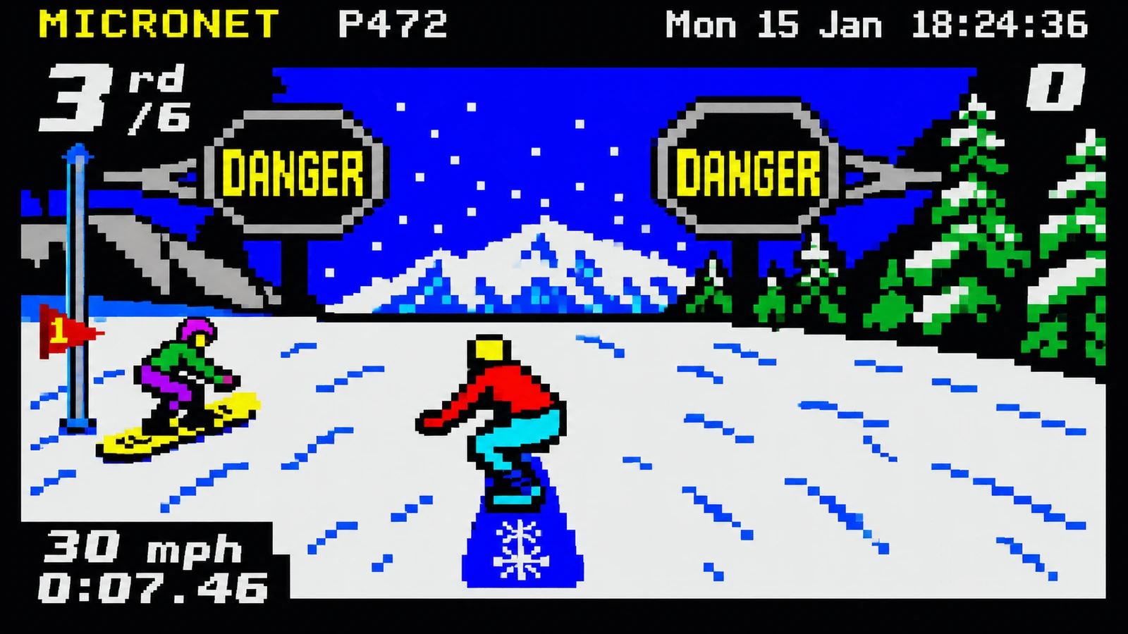 Pixel-art Micronet page showing two snowboarders racing through a mountain course