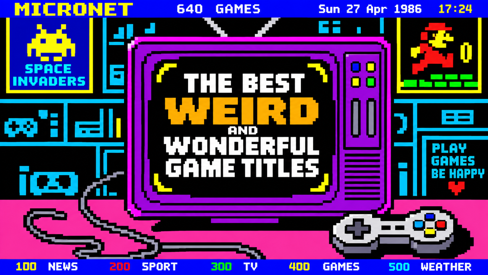 Pixel-art Micronet games page displaying the words The Best Weird and Wonderful Game Titles