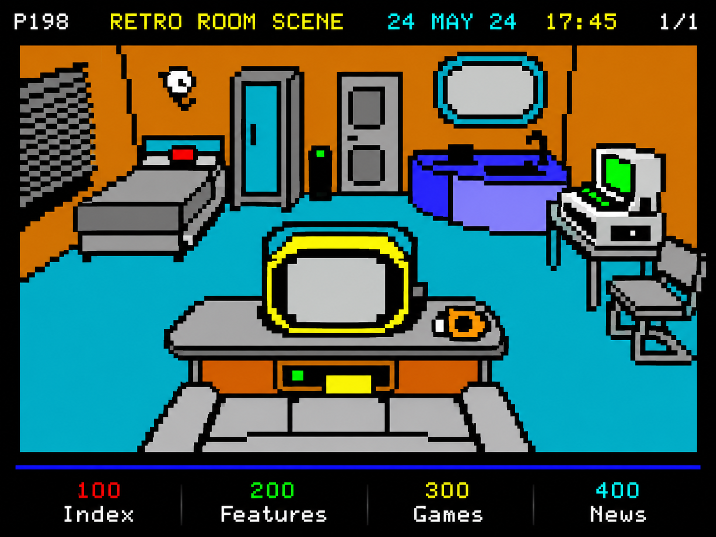 Pablonet-style pixel artwork for Dystopicon review: Big Brother, human centipedes and the TV you must never turn off