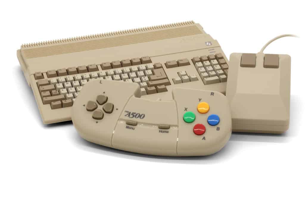 THEA500 Mini computer with its gamepad and mouse