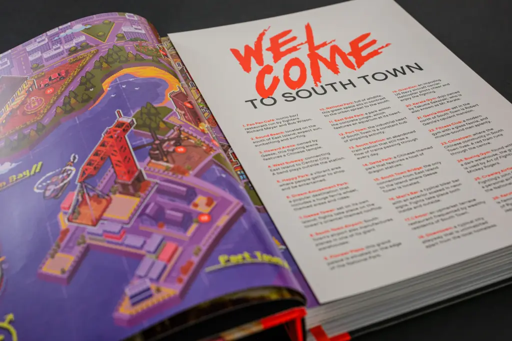 An open Fatal Fury book showing a South Town map and location guide