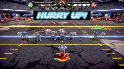 Mutant Football League gameplay with the Hurry Up prompt above the field