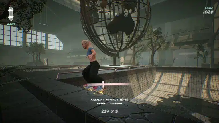 Skatesterre gameplay showing the lead character grinding beside an indoor pool