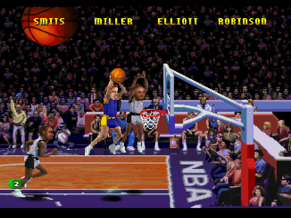 NBA Jam Tournament Edition gameplay showing a player dunking