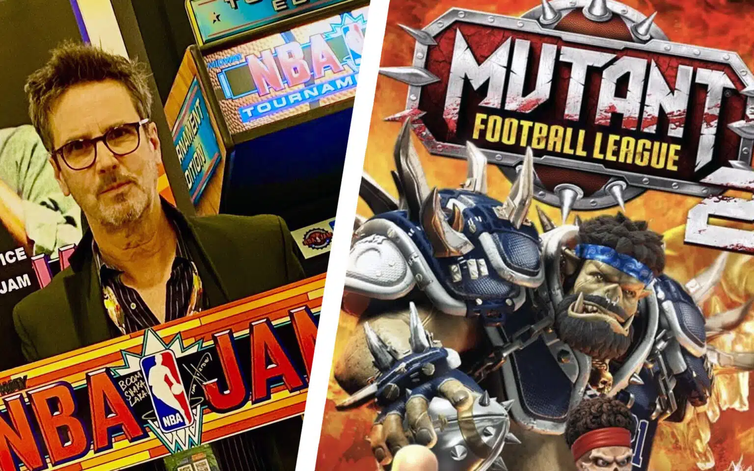 Tim Kitzrow beside NBA Jam arcade artwork and the Mutant Football League logo and characters